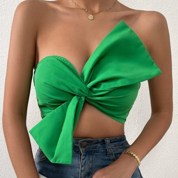 . Tops - Girly Bow Cropped Top Shirt Green